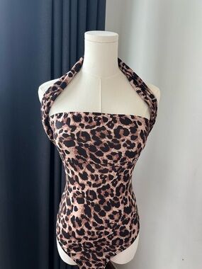 Shein Leopard Print Halter Bodysuit - Brown & Black Size XS Mobwife Backless